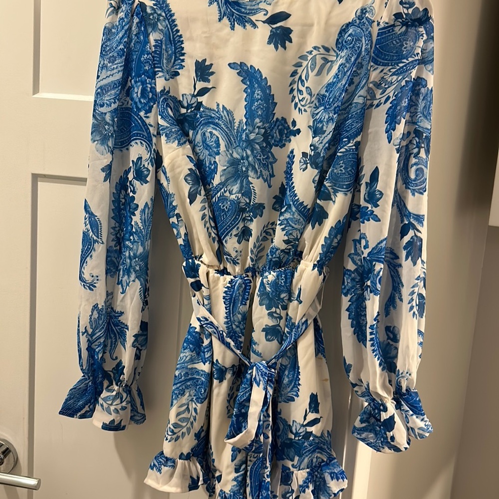 Blue and white floral long sleeve romper